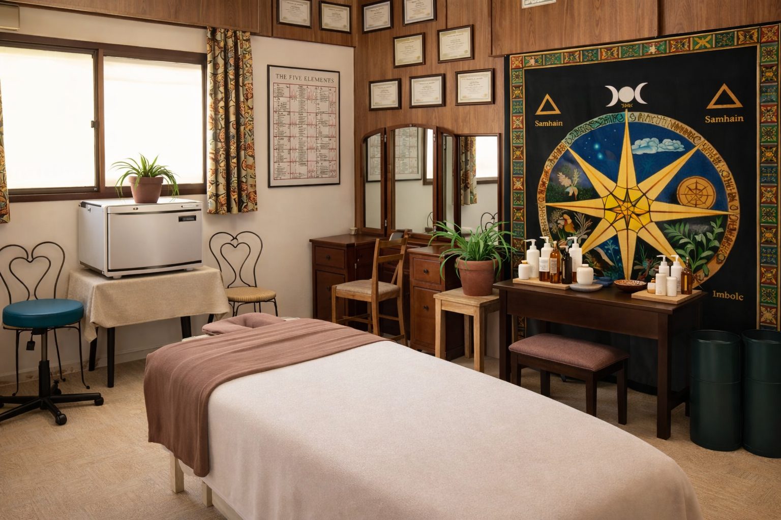 Amoterra treatment room — massage table, five elements chart, wood-paneled walls, and healing tapestry
